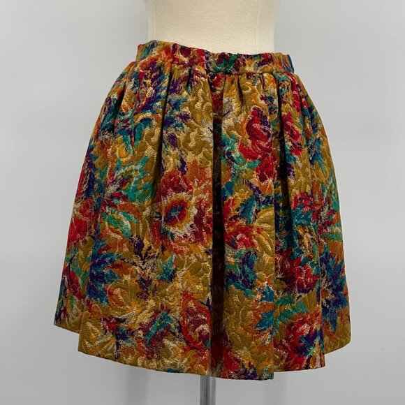 Vintage 1990s Carolyne Roehm Jewel-Tone Silk and Lurex Brocade Mini Skirt - Picture 1 of 3